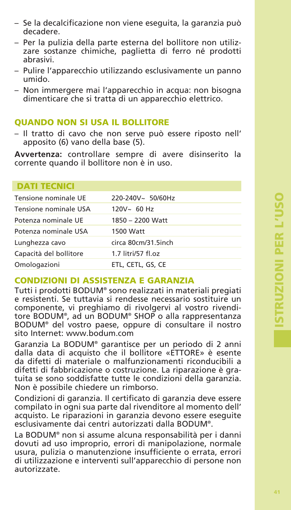 Is tr u zioni per l ’us o | Bodum 11175 User Manual | Page 43 / 73