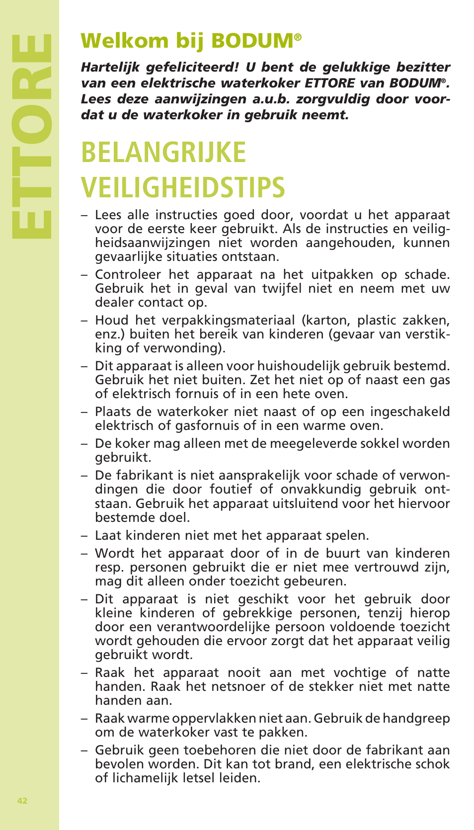 Ettore, Belangrijke veiligheidstips, Welkom bij bodum | Bodum 11175 User Manual | Page 44 / 73
