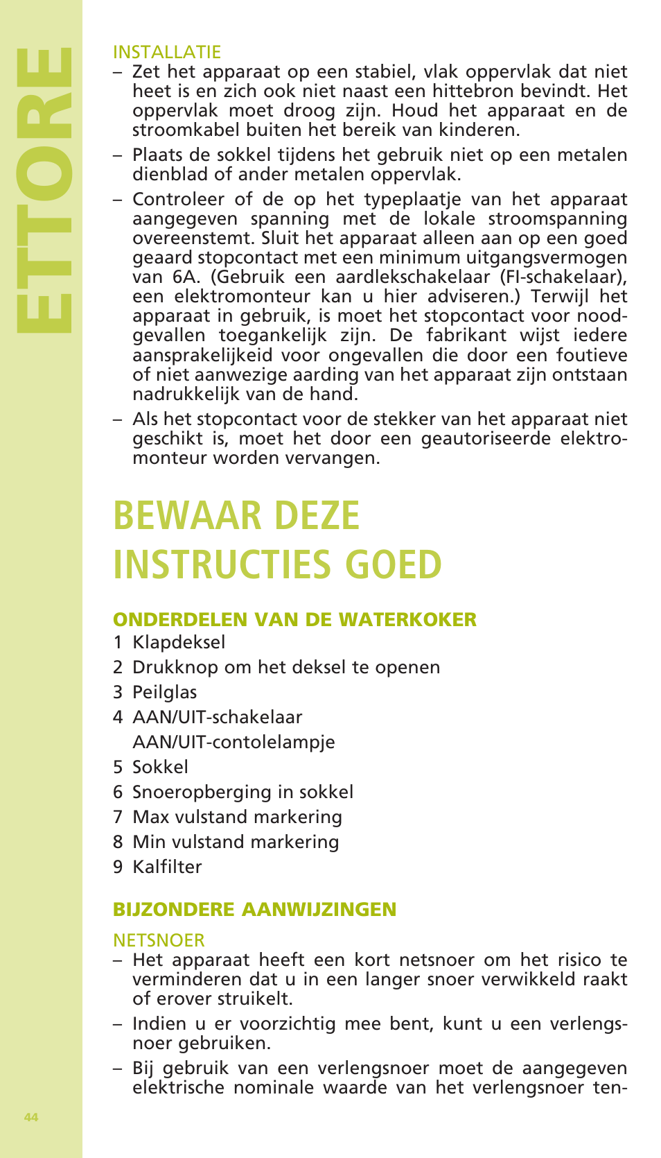 Ettore, Bewaar deze instructies goed | Bodum 11175 User Manual | Page 46 / 73