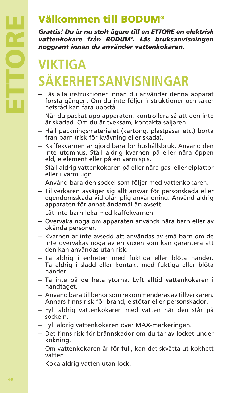 Ettore, Viktiga säkerhetsanvisningar, Välkommen till bodum | Bodum 11175 User Manual | Page 50 / 73