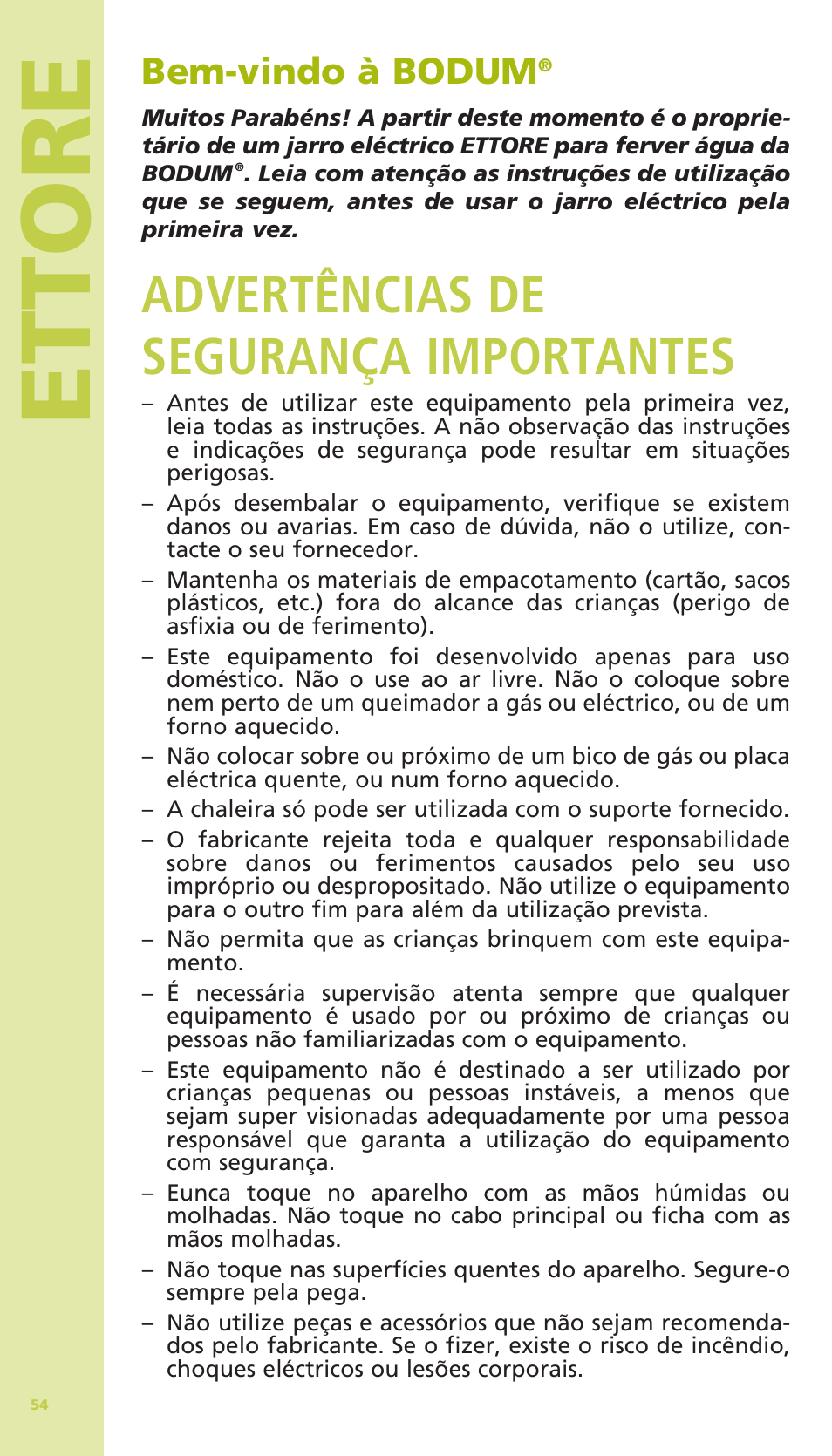 Ettore, Advertências de segurança importantes, Bem-vindo à bodum | Bodum 11175 User Manual | Page 56 / 73