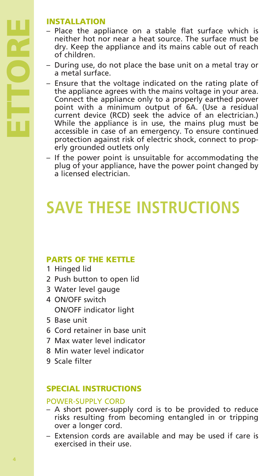 Ettore, Save these instructions | Bodum 11175 User Manual | Page 6 / 73