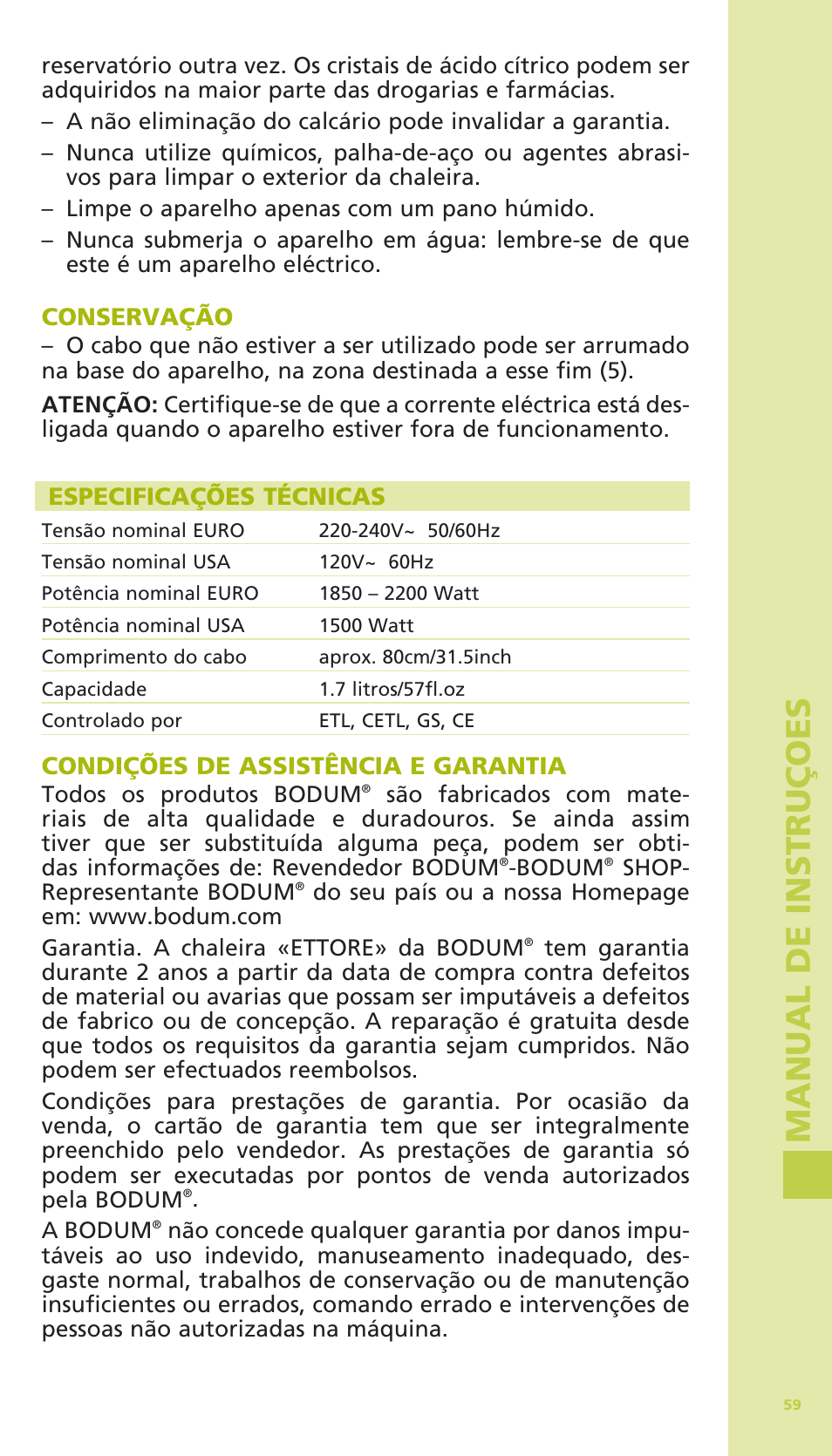 Man u al de in s tr uç oe s | Bodum 11175 User Manual | Page 61 / 73