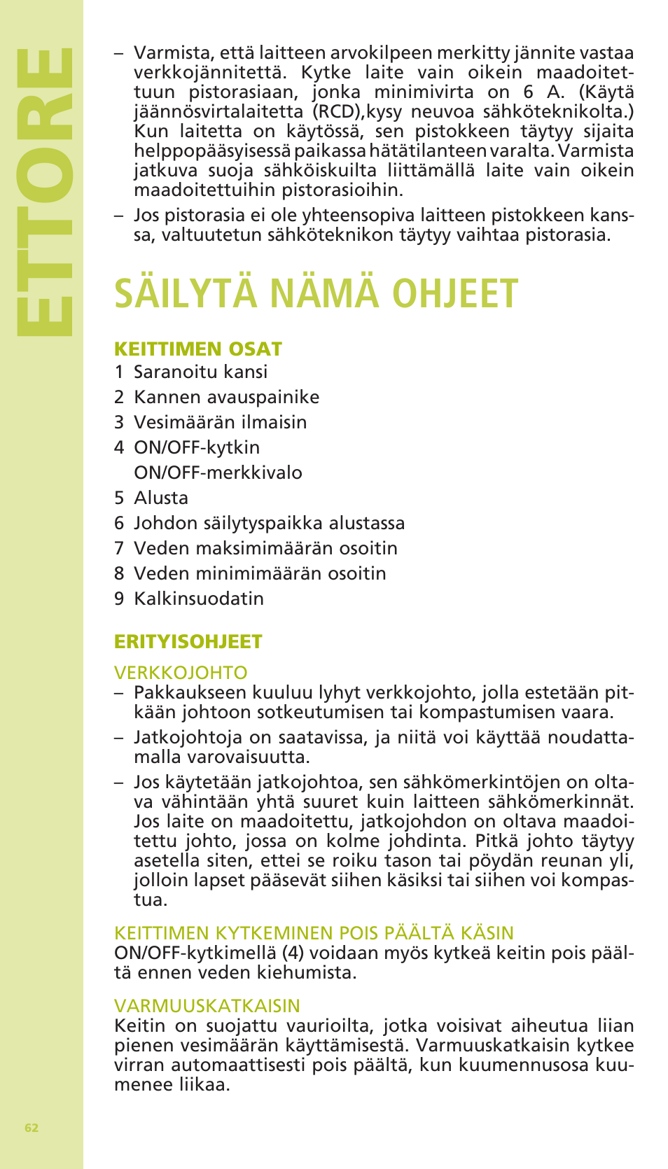 Ettore, Säilytä nämä ohjeet | Bodum 11175 User Manual | Page 64 / 73