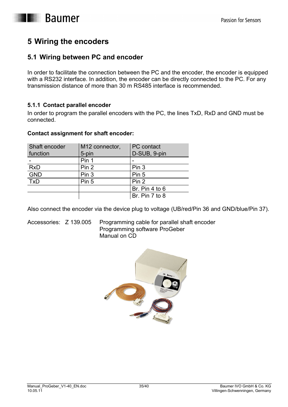 5 wiring the encoders, 1 wiring between pc and encoder | Baumer G1-G2-GB-GXxxx User Manual | Page 35 / 40