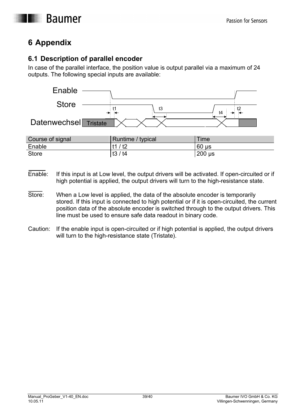 6 appendix, Datenwechsel store enable, 1 description of parallel encoder | Baumer G1-G2-GB-GXxxx User Manual | Page 39 / 40