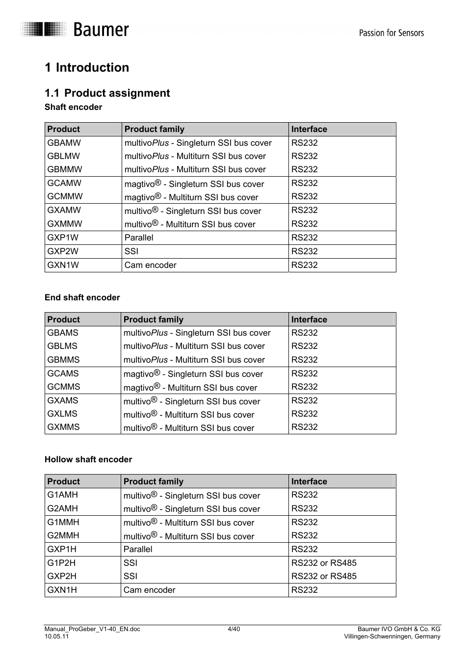 1 introduction, 1 product assignment | Baumer G1-G2-GB-GXxxx User Manual | Page 4 / 40