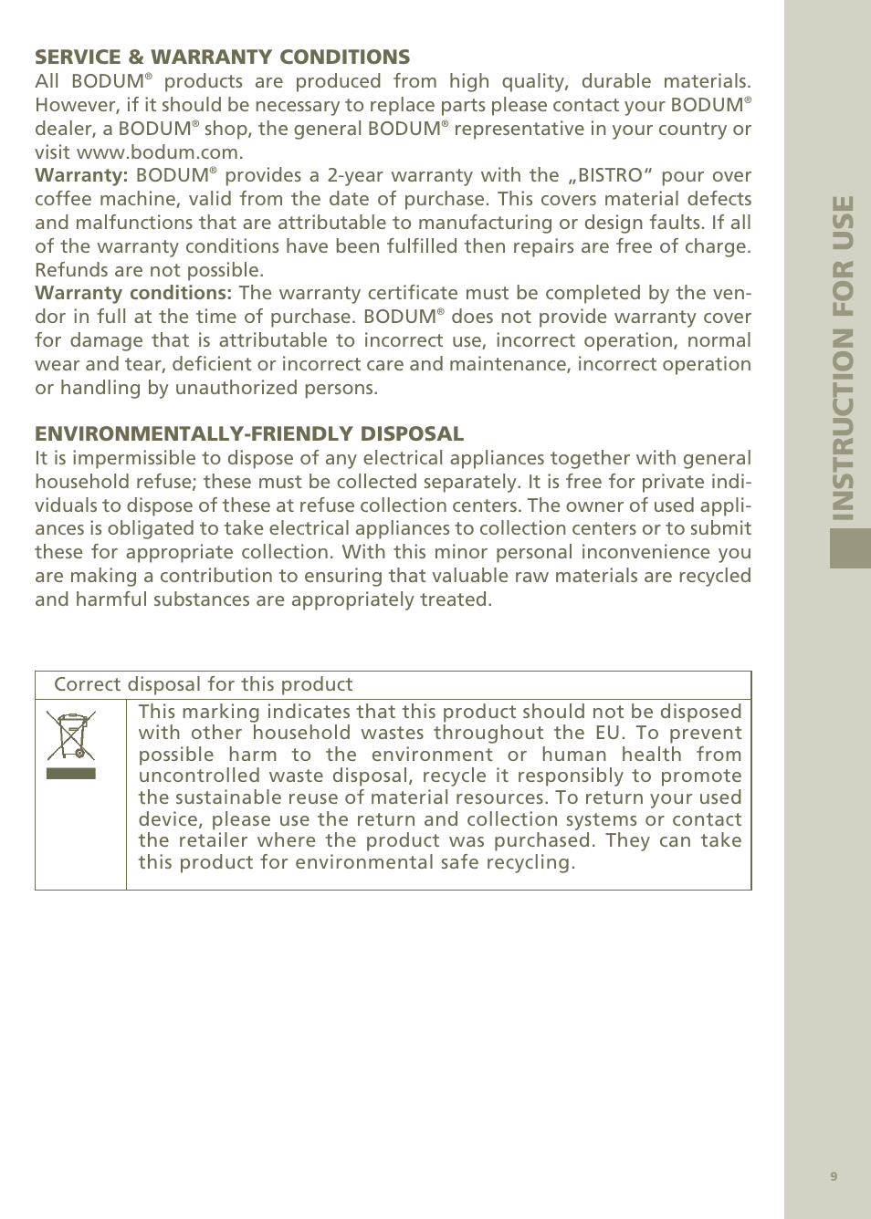 Instruct ion for use | Bodum Bistro Pour Over Coffee Machine 11001 User Manual | Page 10 / 93