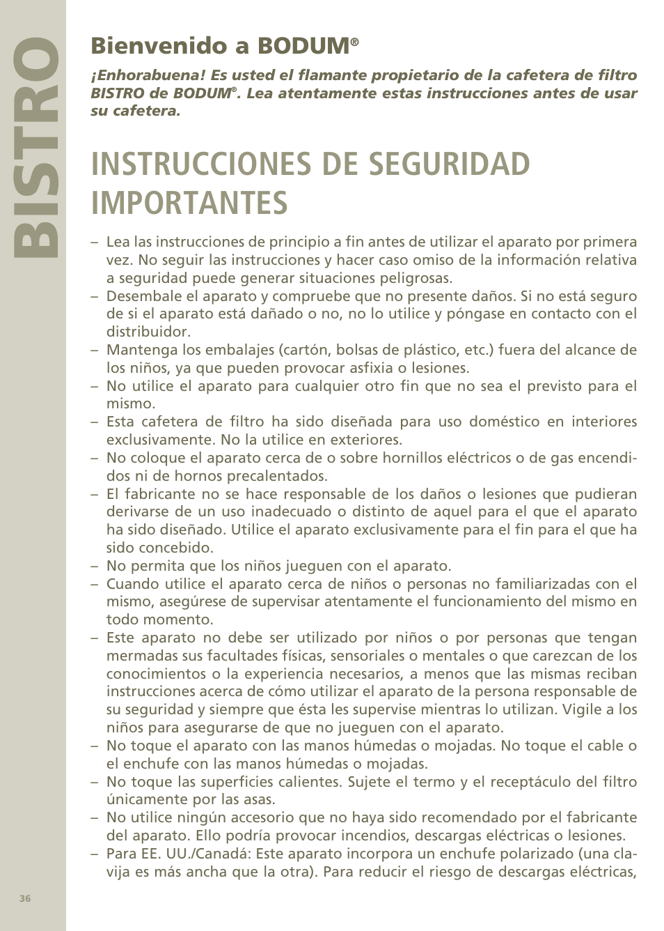 Bi stro, Instrucciones de seguridad importantes, Bienvenido a bodum | Bodum Bistro Pour Over Coffee Machine 11001 User Manual | Page 37 / 93