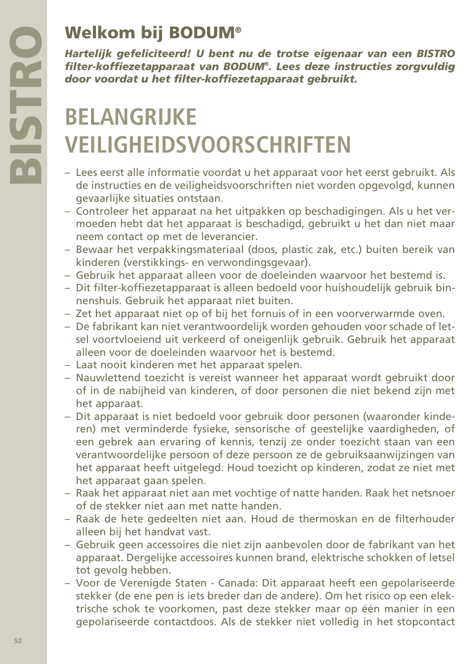 Bi stro, Belangrijke veiligheidsvoorschriften, Welkom bij bodum | Bodum Bistro Pour Over Coffee Machine 11001 User Manual | Page 53 / 93