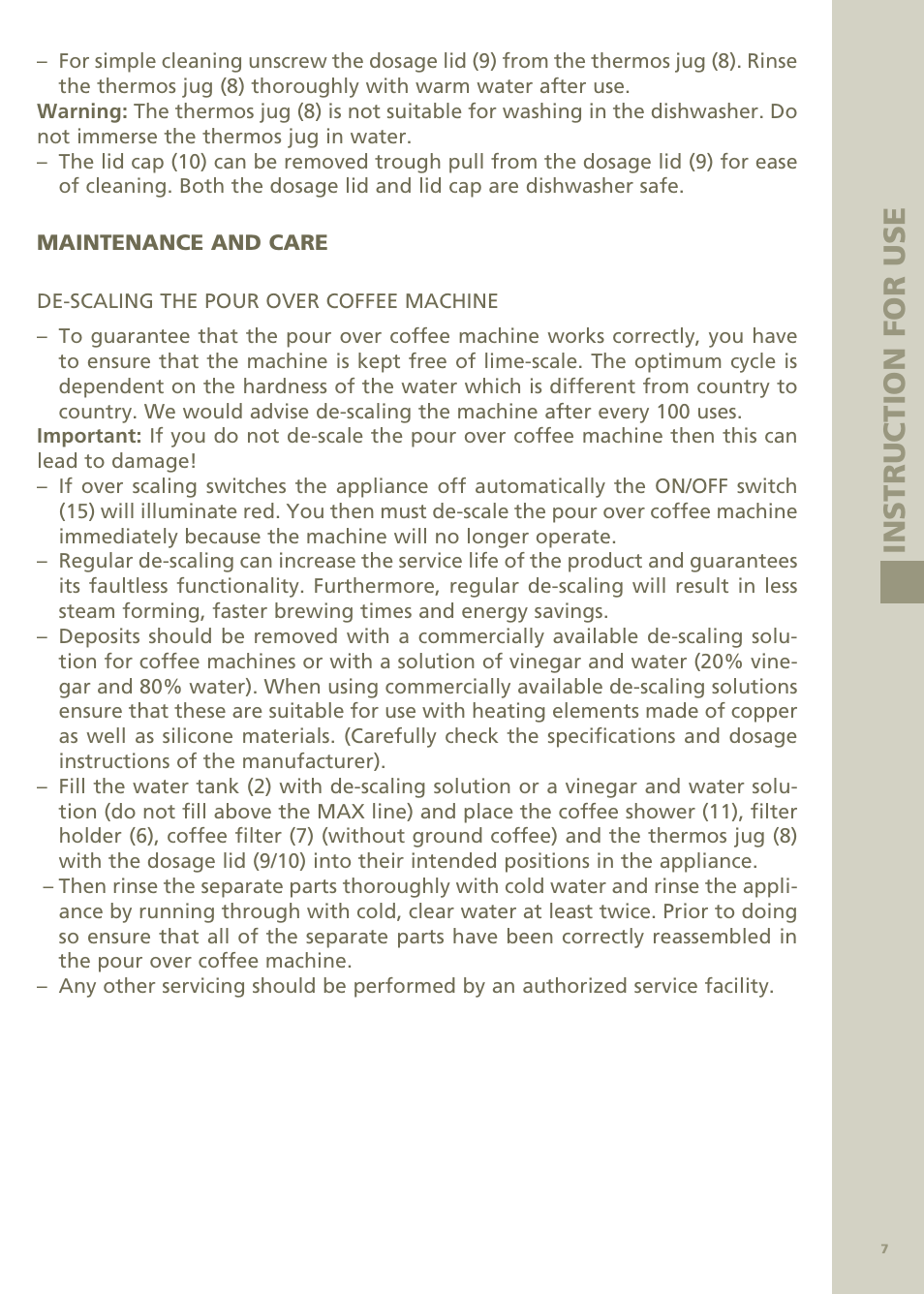 Instruct ion for use | Bodum Bistro Pour Over Coffee Machine 11001 User Manual | Page 8 / 93