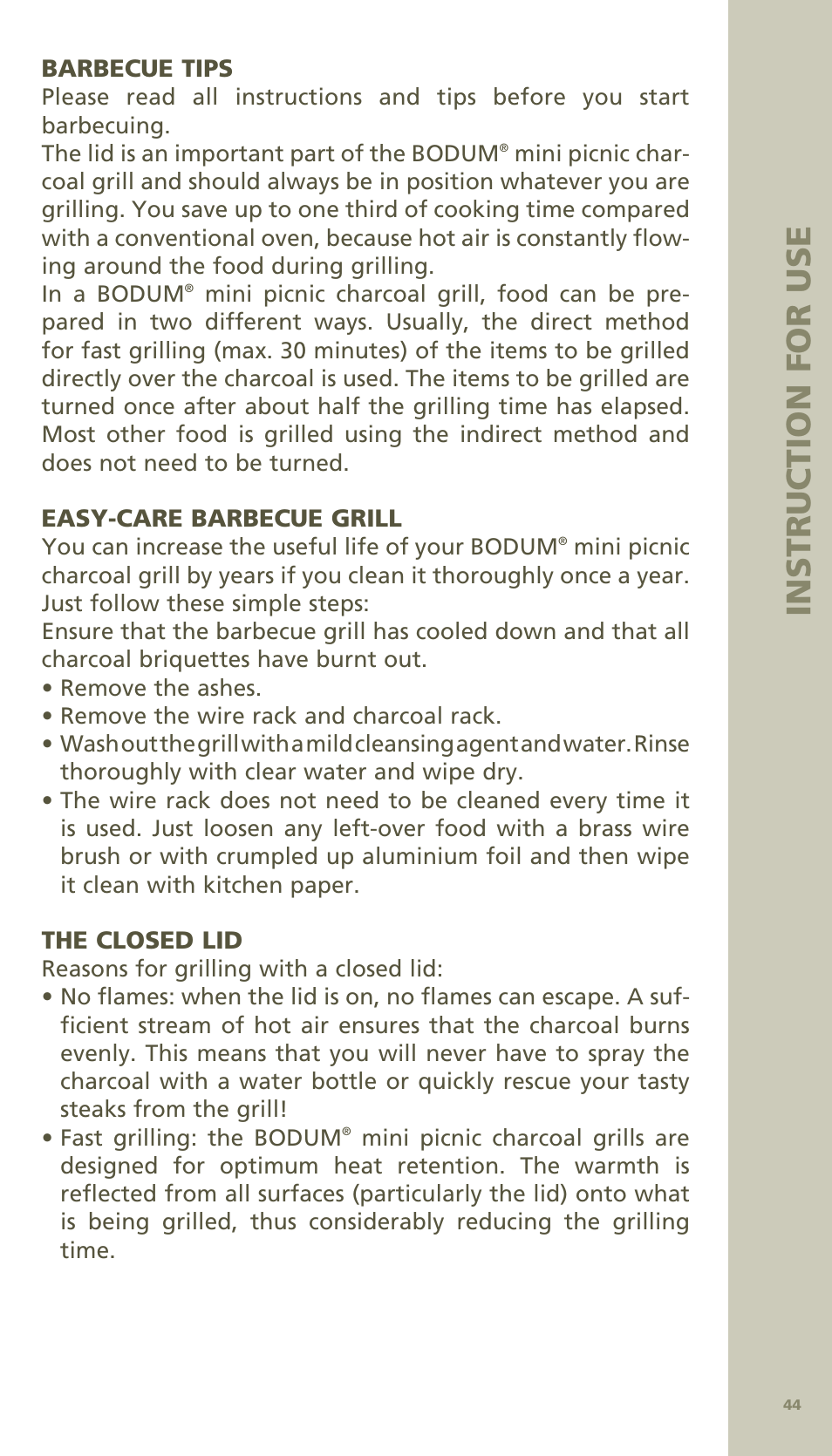 Ins tr uc tion fo r us e | Bodum MINI PICNIC ChArCOAl GrIll 11421 User Manual | Page 8 / 39