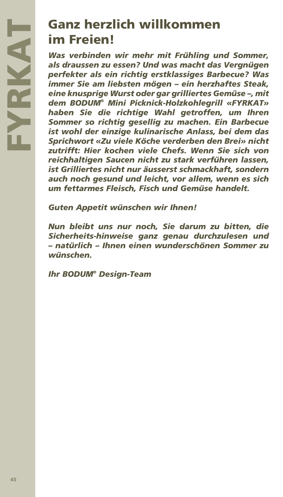 Fyrkat, Ganz herzlich willkommen im freien | Bodum MINI PICNIC ChArCOAl GrIll 11421 User Manual | Page 9 / 39