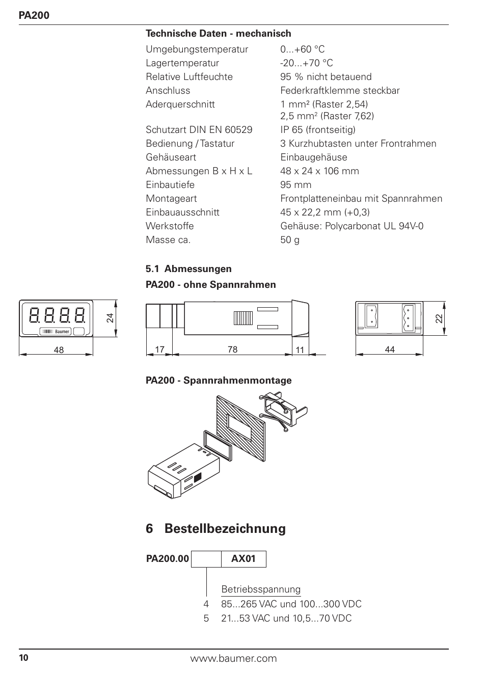 6 bestellbezeichnung | Baumer PA200 User Manual | Page 10 / 30