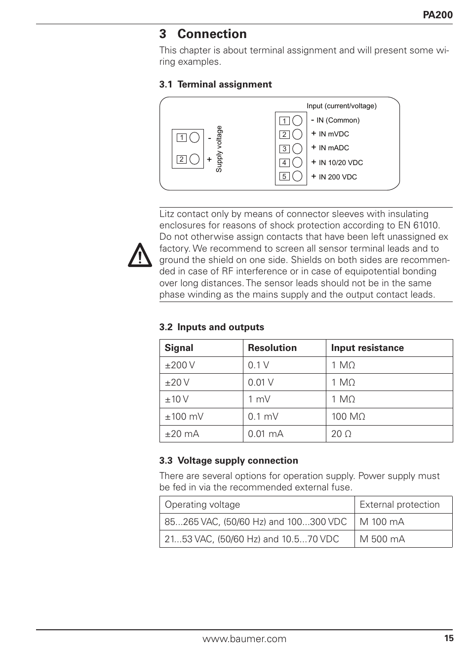 3 connection | Baumer PA200 User Manual | Page 15 / 30