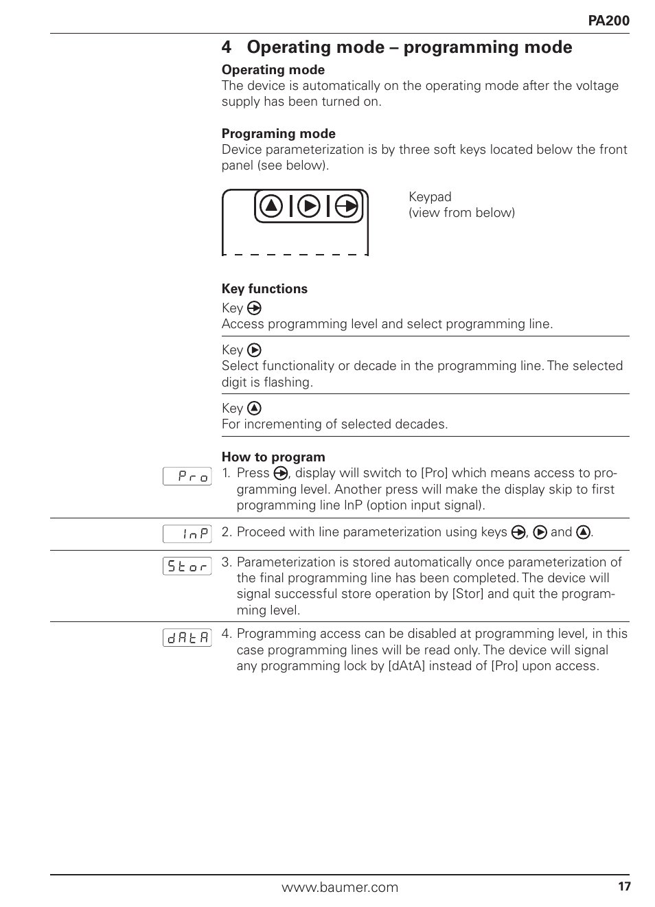 4 operating mode – programming mode | Baumer PA200 User Manual | Page 17 / 30