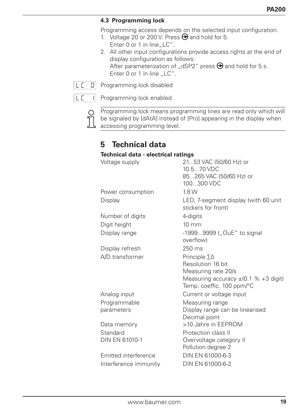 5 technical data | Baumer PA200 User Manual | Page 19 / 30