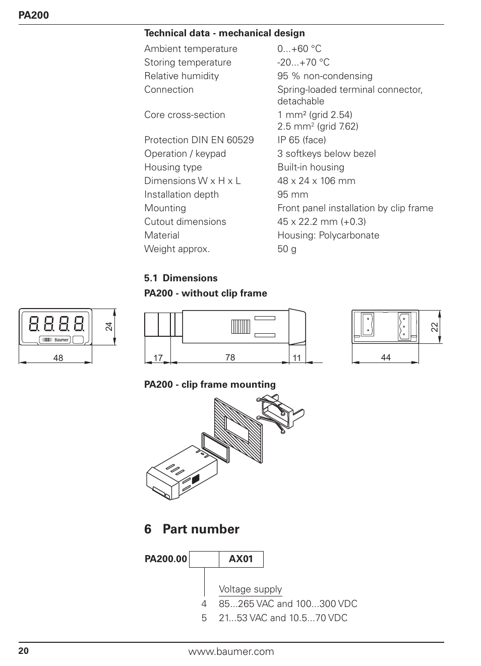 6 part number | Baumer PA200 User Manual | Page 20 / 30