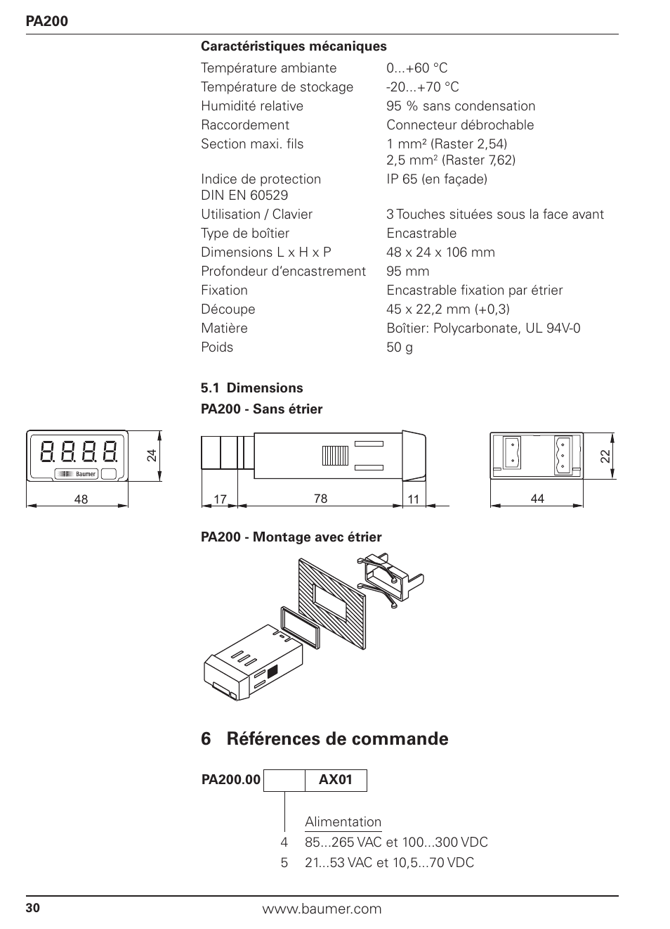 6 références de commande | Baumer PA200 User Manual | Page 30 / 30