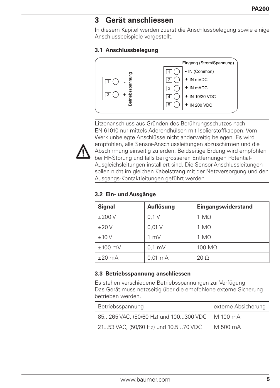 3 gerät anschliessen | Baumer PA200 User Manual | Page 5 / 30