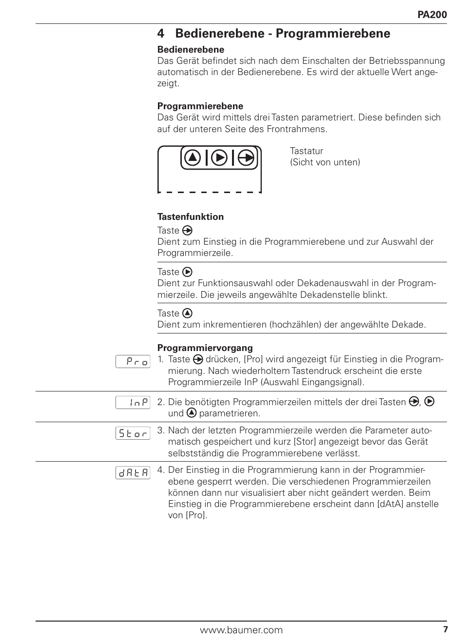4 bedienerebene - programmierebene | Baumer PA200 User Manual | Page 7 / 30