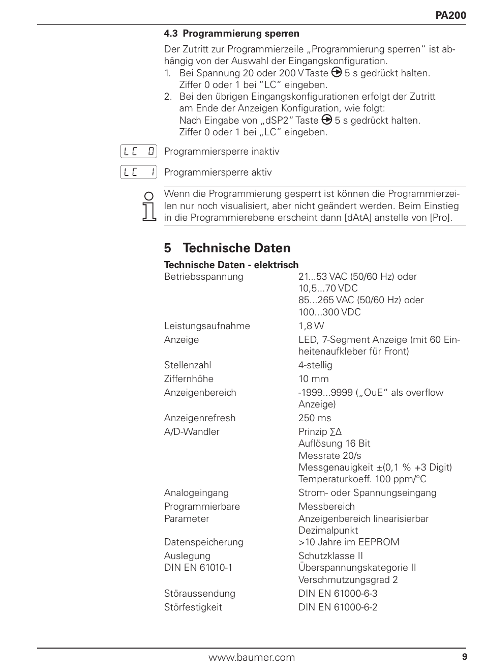 5 technische daten | Baumer PA200 User Manual | Page 9 / 30