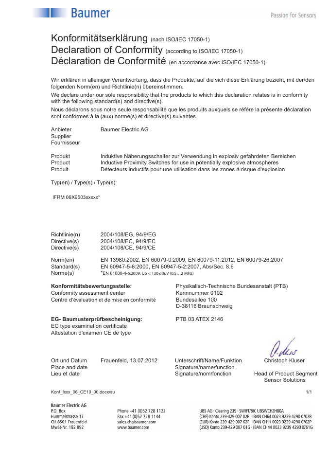 Konformitätserklärung, Declaration of conformity, Déclaration de conformité | Baumer IFRM 06X9503 User Manual | Page 4 / 4