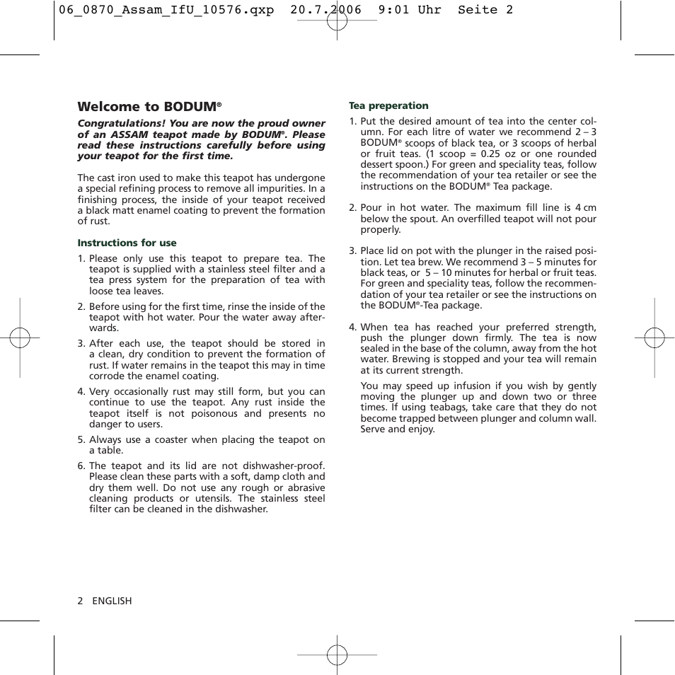 Welcome to bodum | Bodum 10576 User Manual | Page 2 / 10
