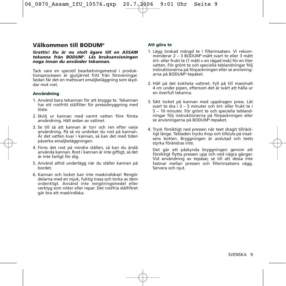 Välkommen till bodum | Bodum 10576 User Manual | Page 9 / 10