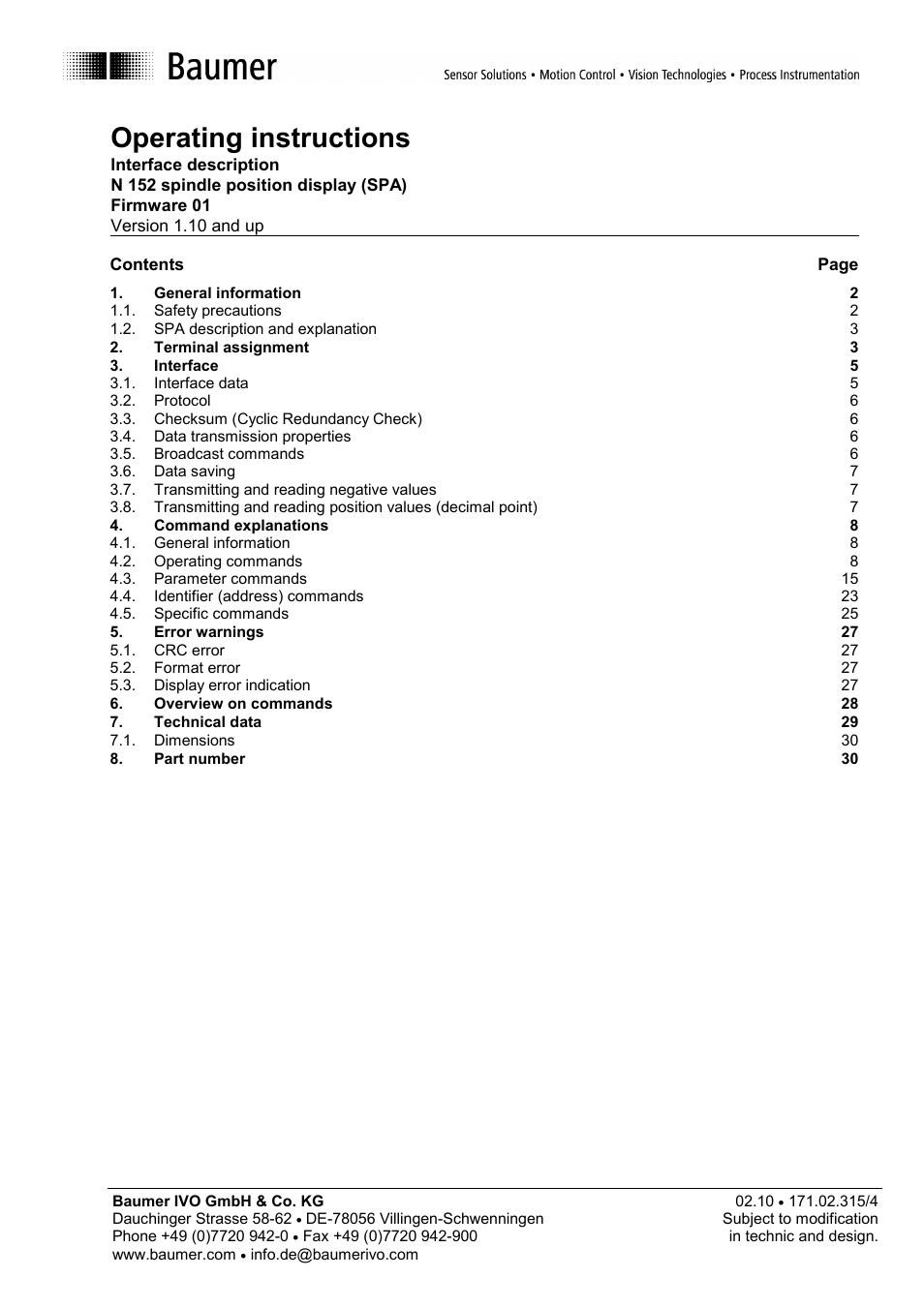 Baumer N 152 User Manual | 30 pages