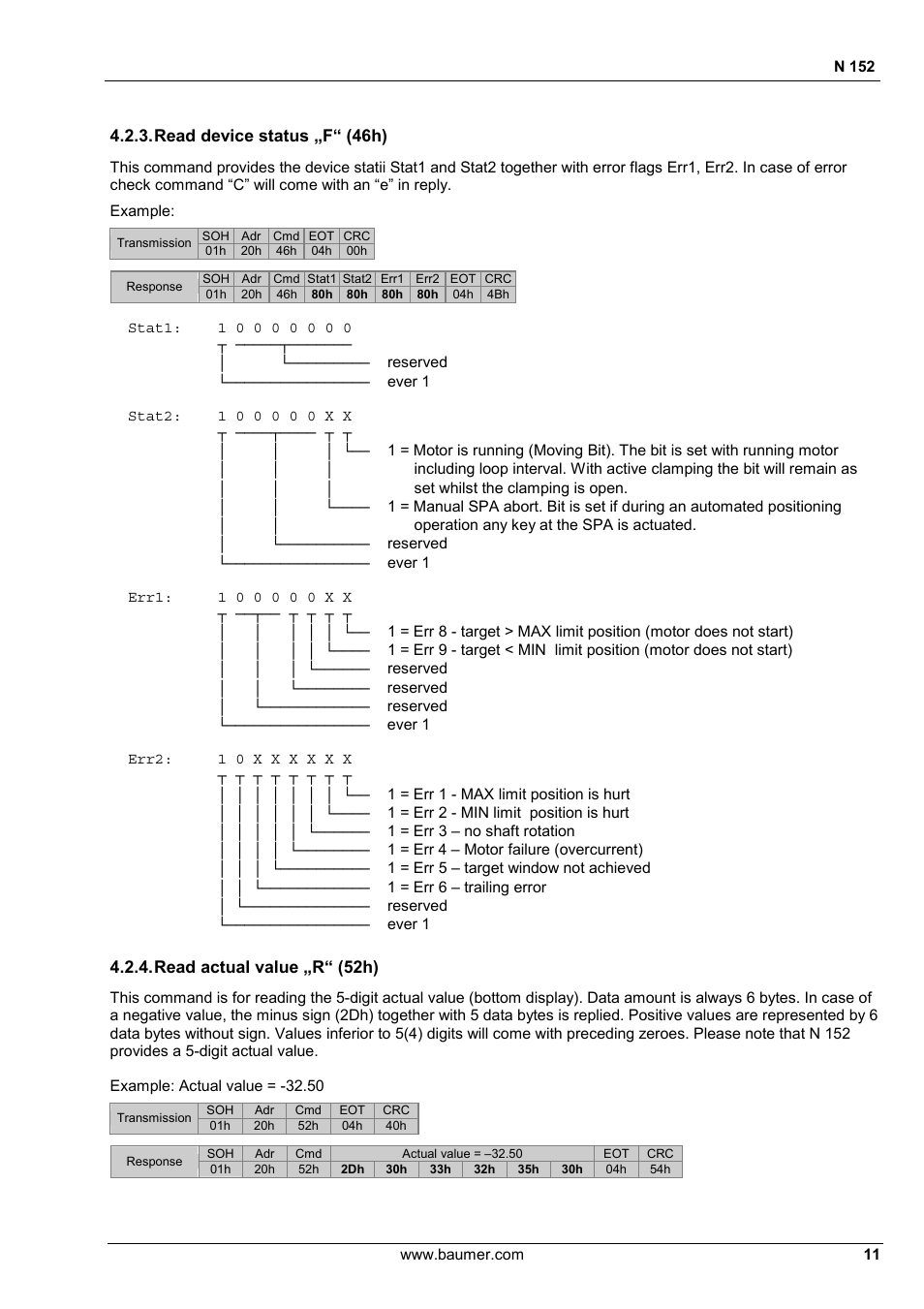 Read device status „f“ (46h), Read actual value „r“ (52h) | Baumer N 152 User Manual | Page 11 / 30