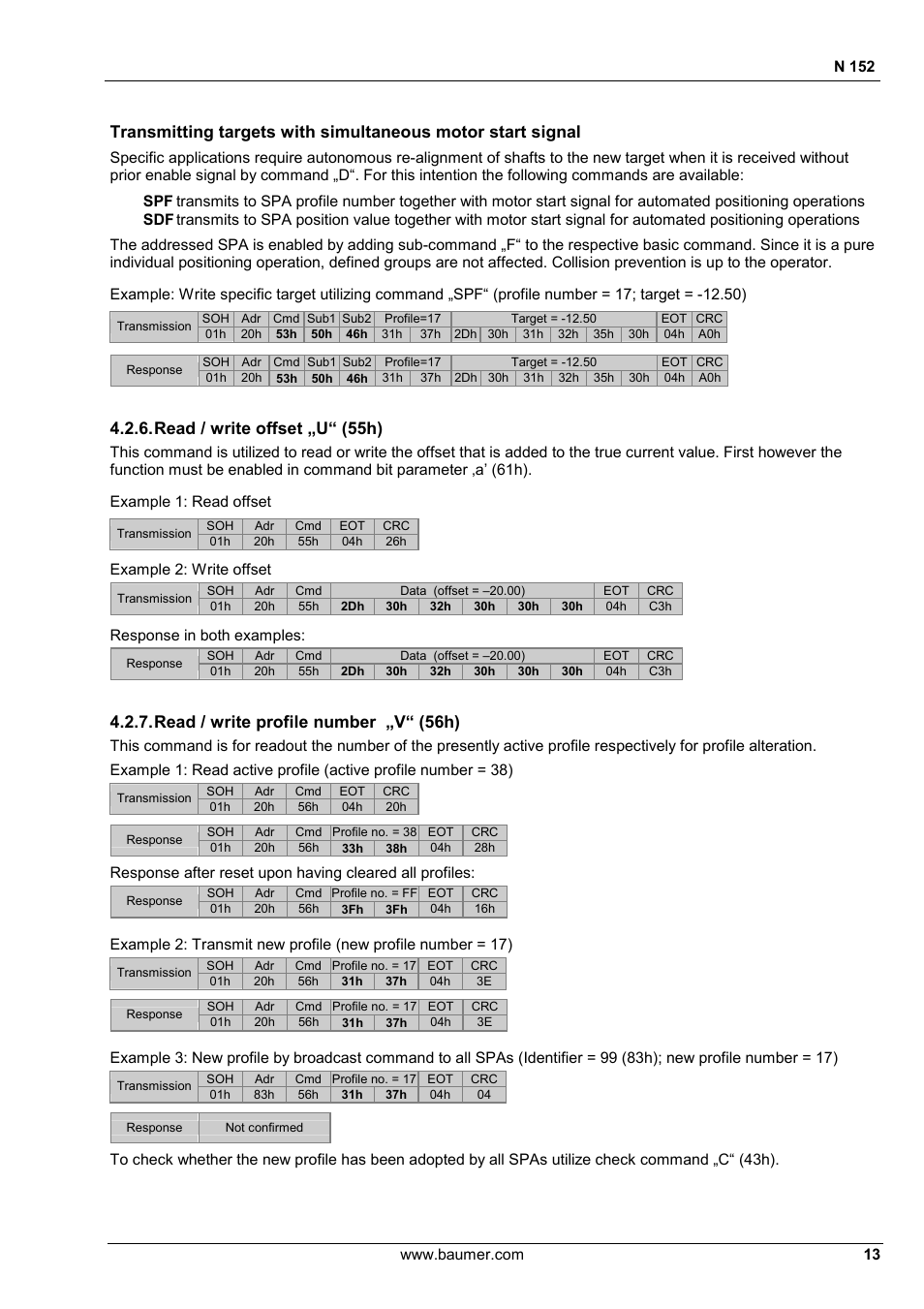 Read / write offset „u“ (55h), Read / write profile number „v“ (56h) | Baumer N 152 User Manual | Page 13 / 30