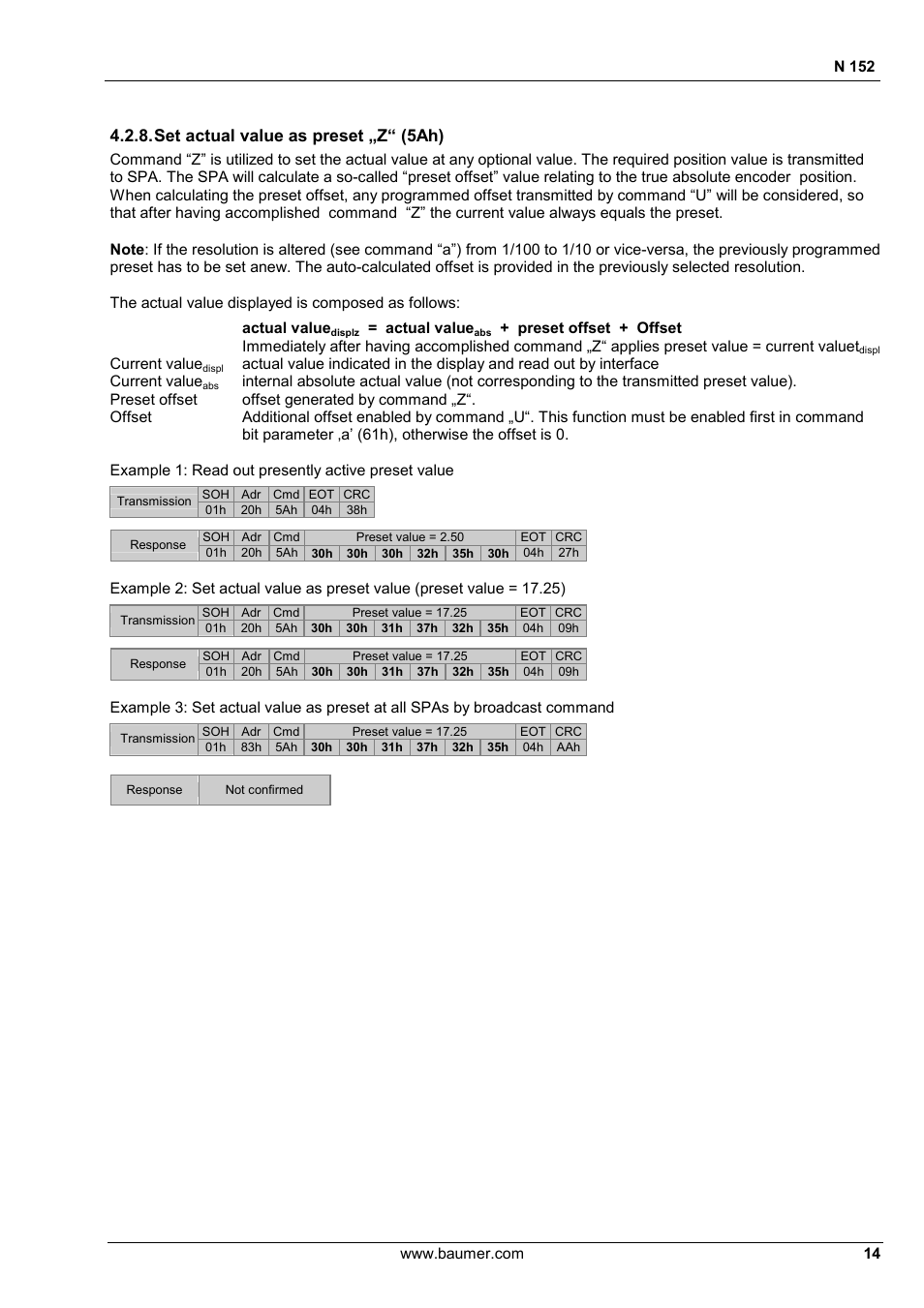 Set actual value as preset „z“ (5ah) | Baumer N 152 User Manual | Page 14 / 30