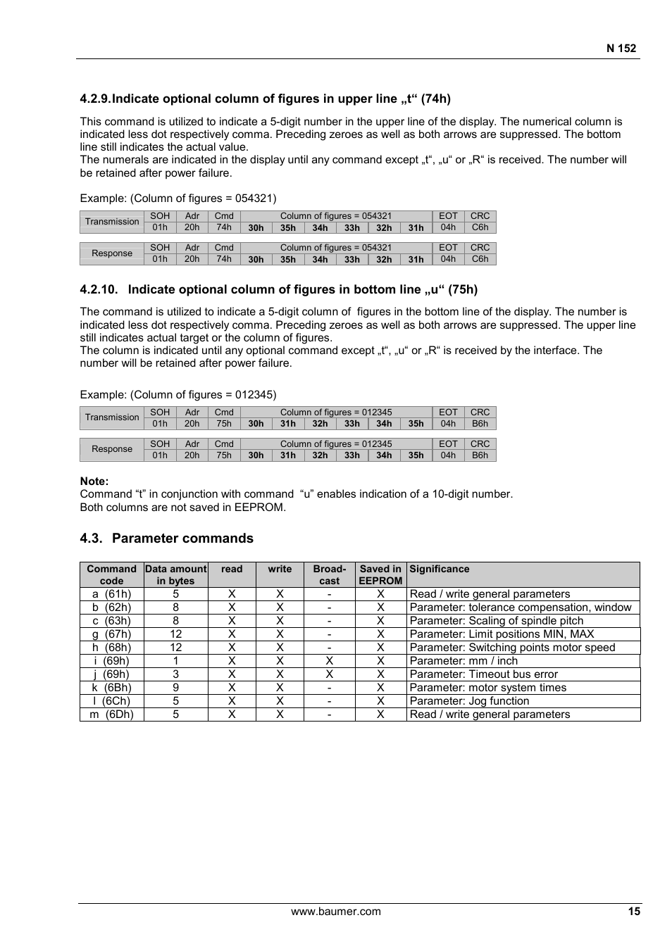 Parameter commands | Baumer N 152 User Manual | Page 15 / 30