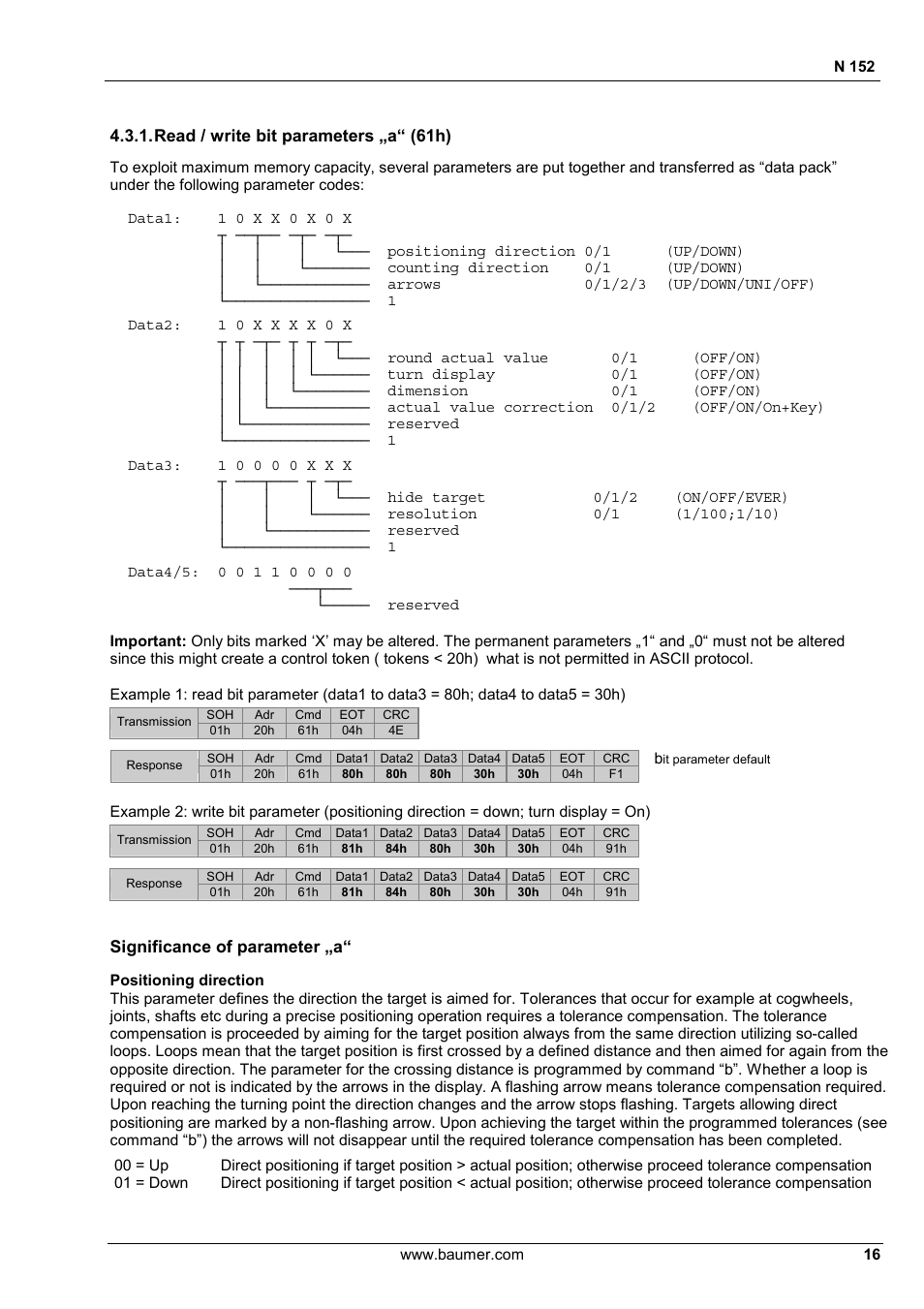 Read / write bit parameters „a“ (61h), Significance of parameter „a | Baumer N 152 User Manual | Page 16 / 30