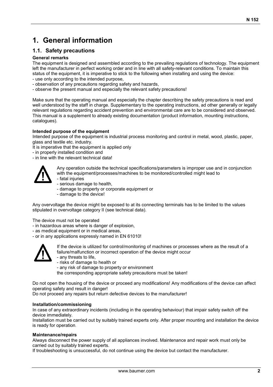 General information, Safety precautions | Baumer N 152 User Manual | Page 2 / 30