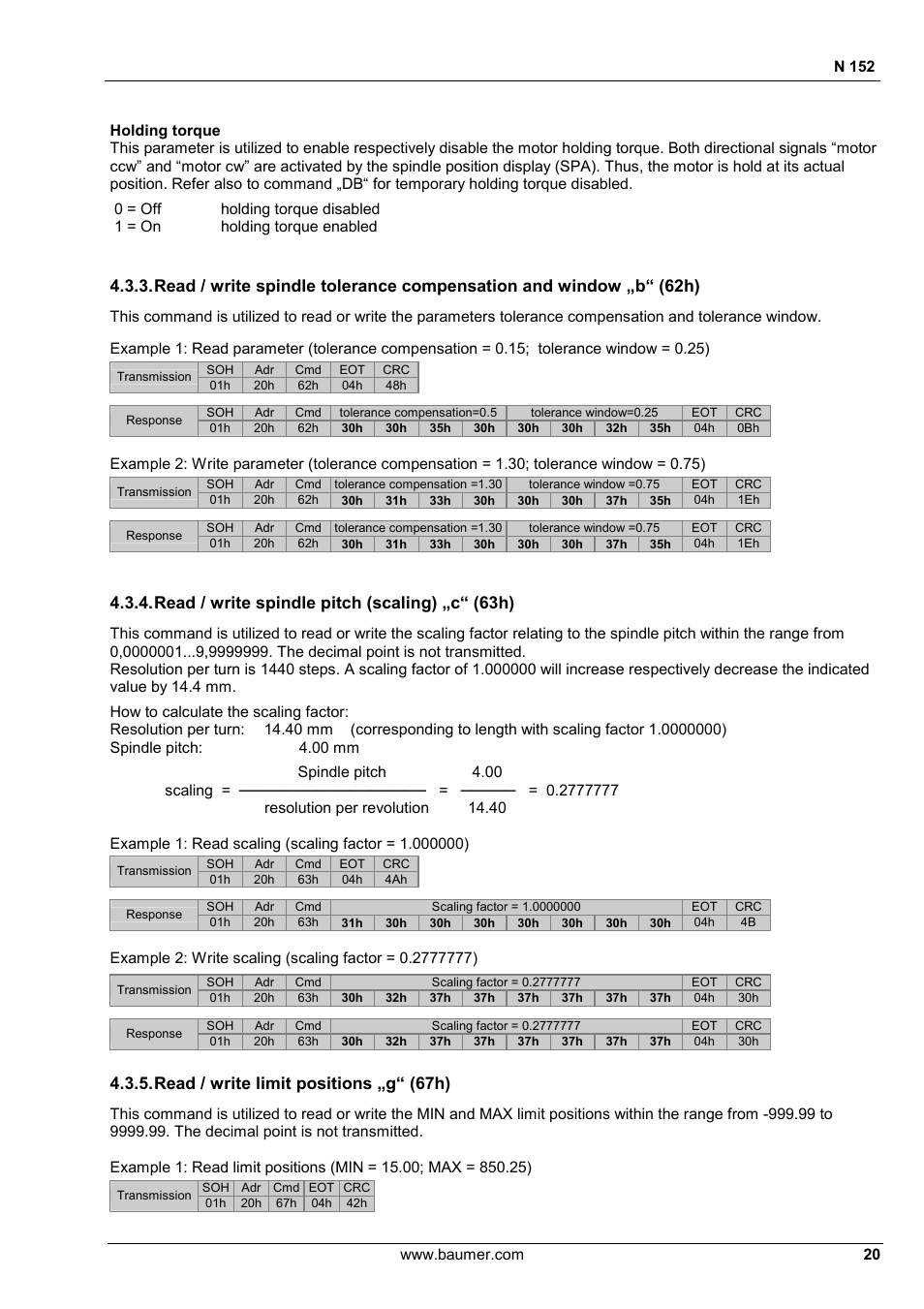 Read / write spindle pitch (scaling) „c“ (63h), Read / write limit positions „g“ (67h) | Baumer N 152 User Manual | Page 20 / 30