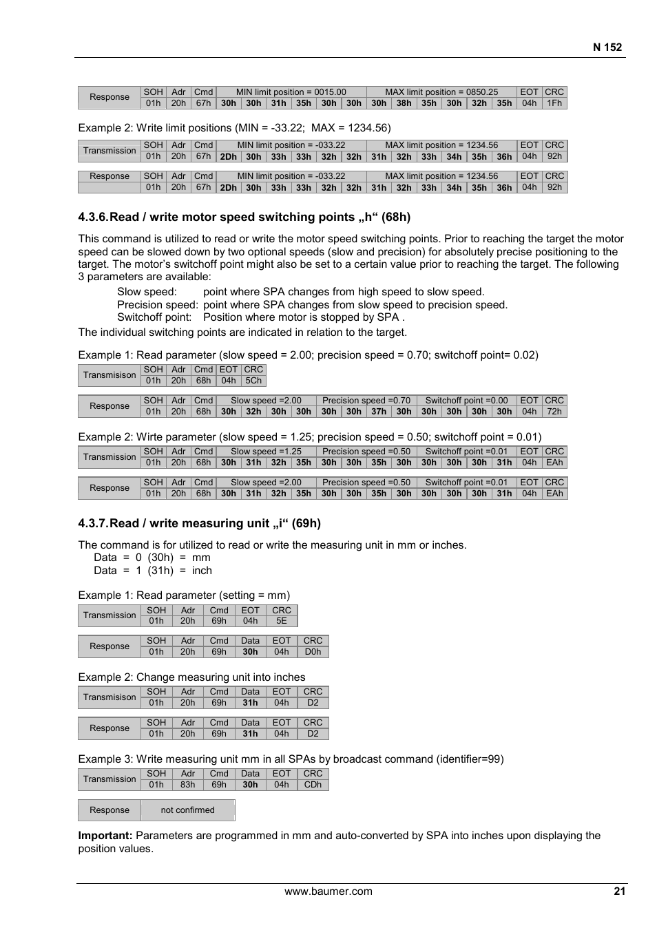 Read / write measuring unit „i“ (69h) | Baumer N 152 User Manual | Page 21 / 30