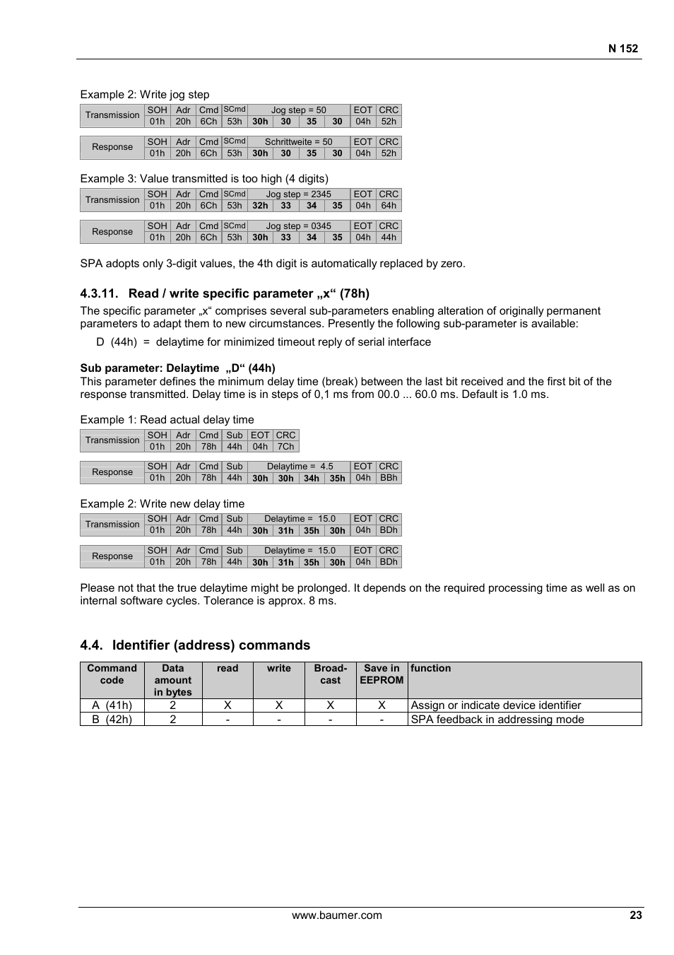 Identifier (address) commands, Read / write specific parameter „x“ (78h) | Baumer N 152 User Manual | Page 23 / 30