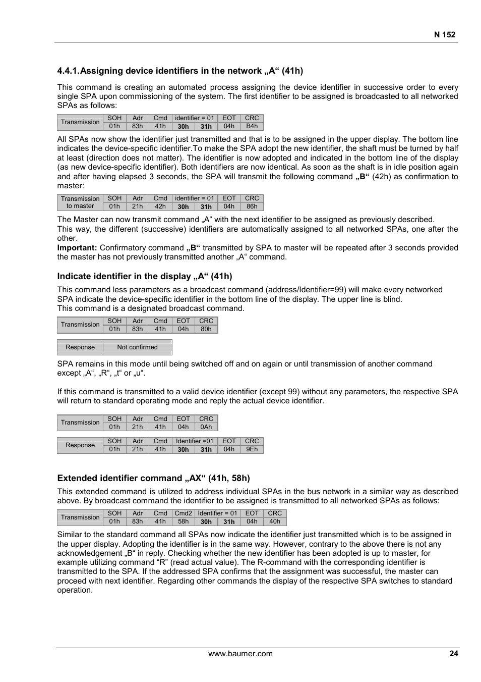 Indicate identifier in the display „a“ (41h), Extended identifier command „ax“ (41h, 58h) | Baumer N 152 User Manual | Page 24 / 30