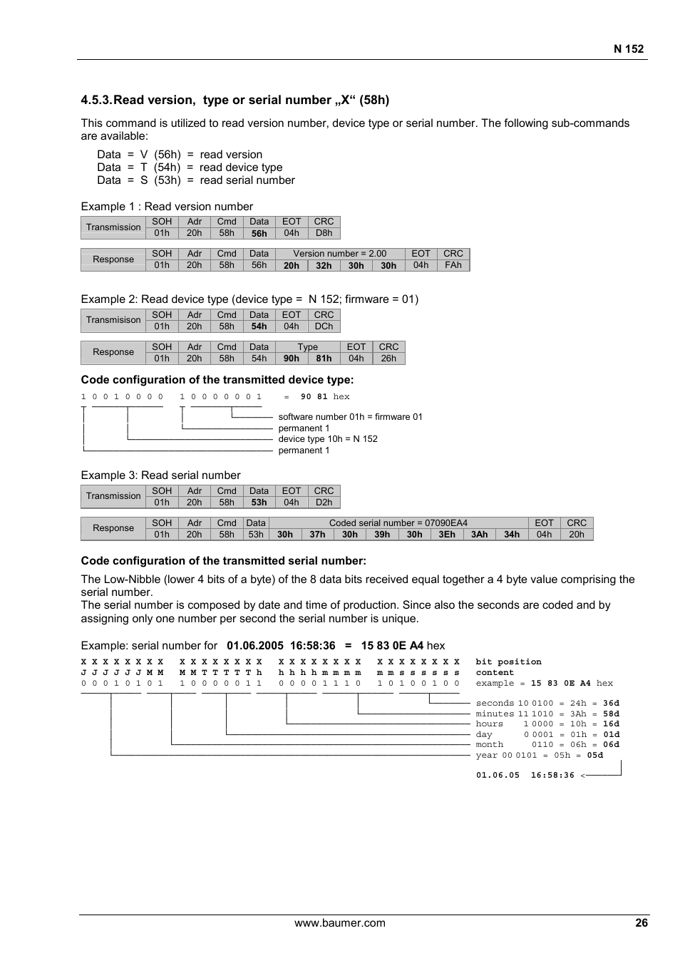 Read version, type or serial number „x“ (58h) | Baumer N 152 User Manual | Page 26 / 30