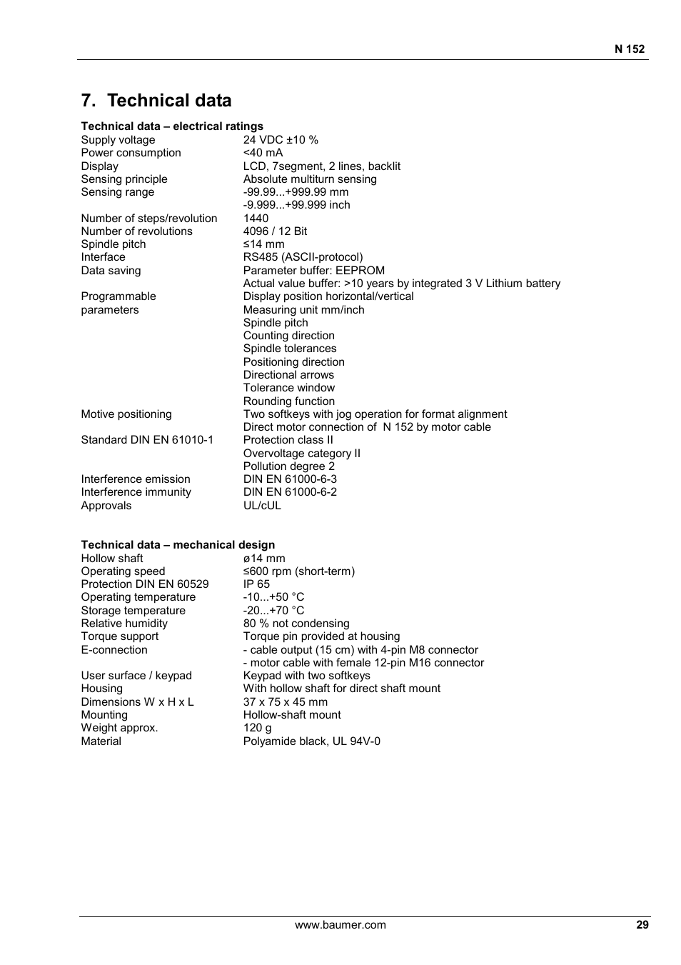 Technical data | Baumer N 152 User Manual | Page 29 / 30