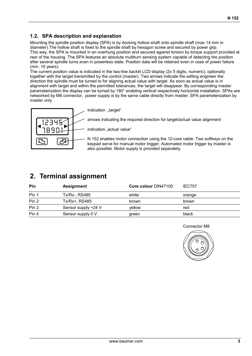 Terminal assignment, Spa description and explanation | Baumer N 152 User Manual | Page 3 / 30