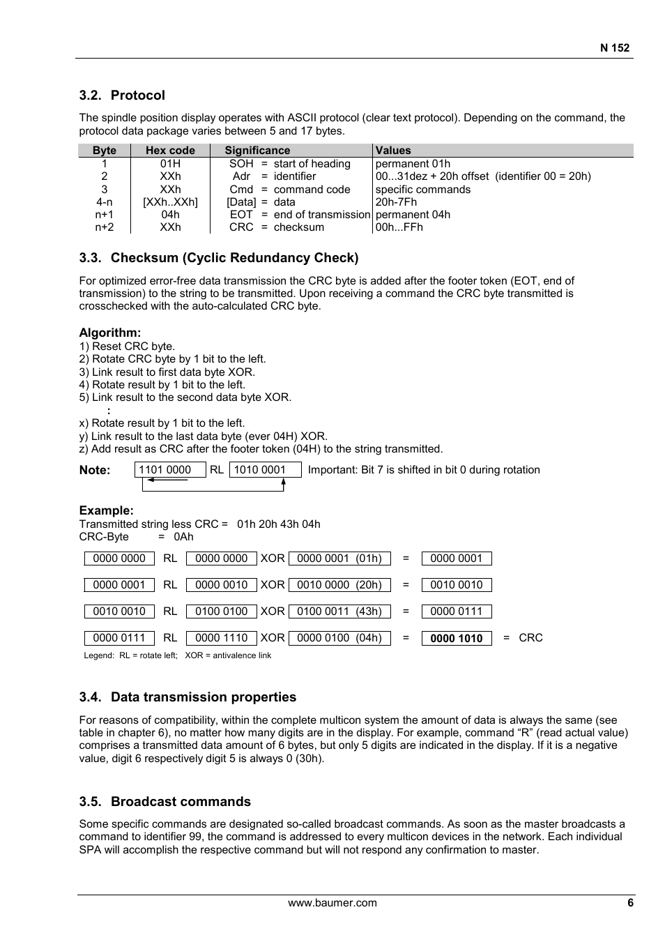 Protocol, Checksum (cyclic redundancy check), Data transmission properties | Broadcast commands | Baumer N 152 User Manual | Page 6 / 30