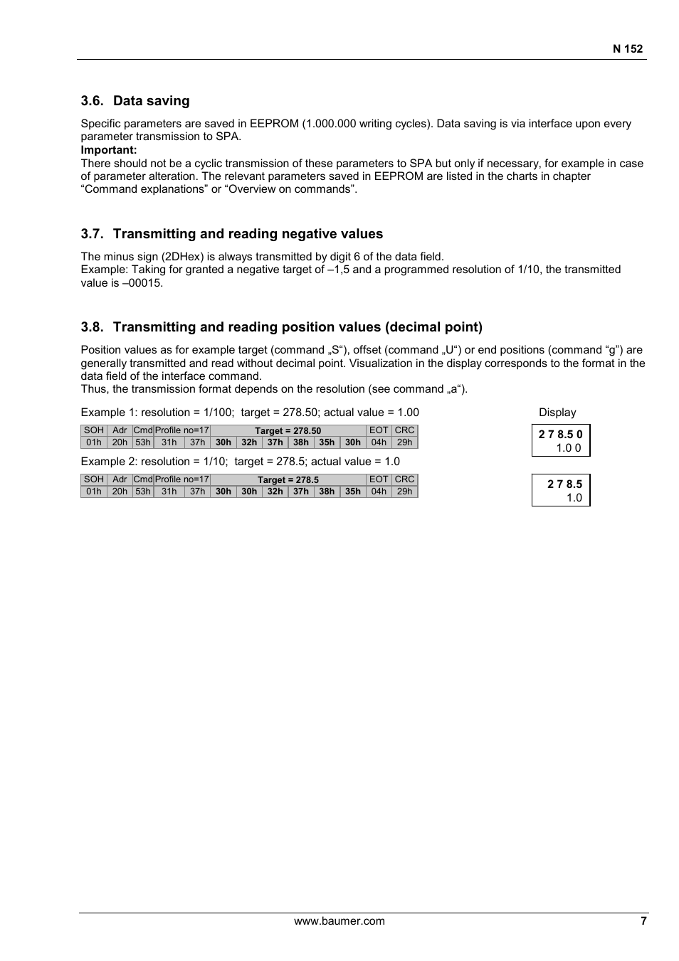 Data saving, Transmitting and reading negative values | Baumer N 152 User Manual | Page 7 / 30