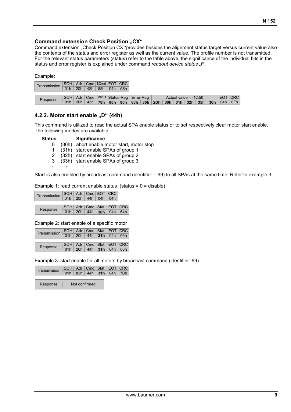 Command extension check position „cx, Motor start enable „d“ (44h) | Baumer N 152 User Manual | Page 9 / 30