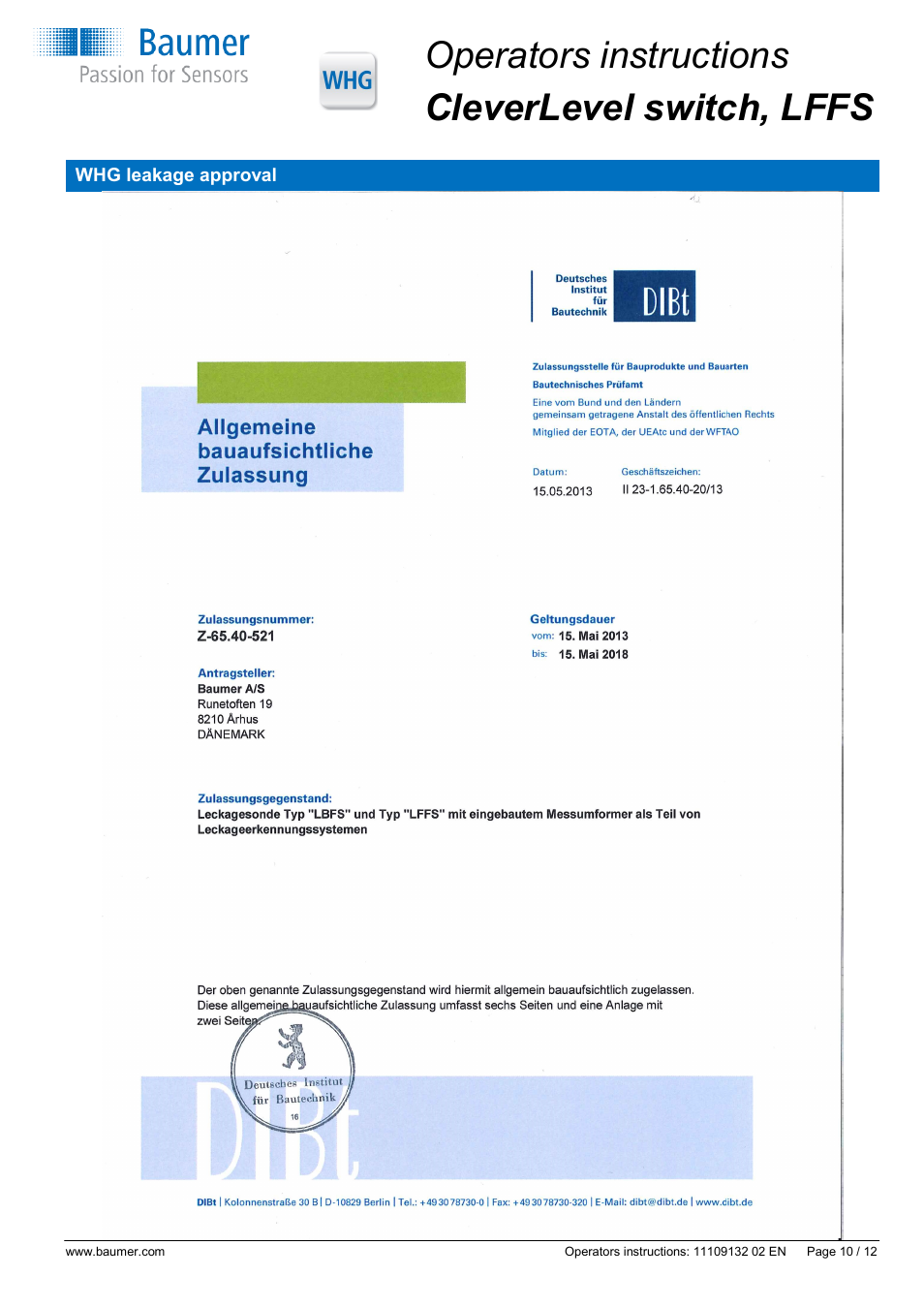 Operators instructions cleverlevel switch, lffs | Baumer CleverLevel - LFFS User Manual | Page 10 / 12