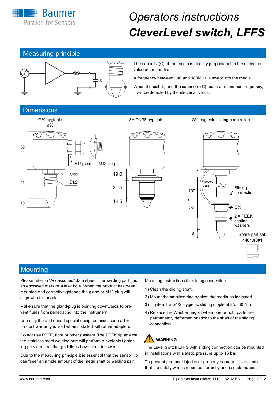 Operators instructions cleverlevel switch, lffs, Measuring principle mounting, Dimensions | Baumer CleverLevel - LFFS User Manual | Page 2 / 12