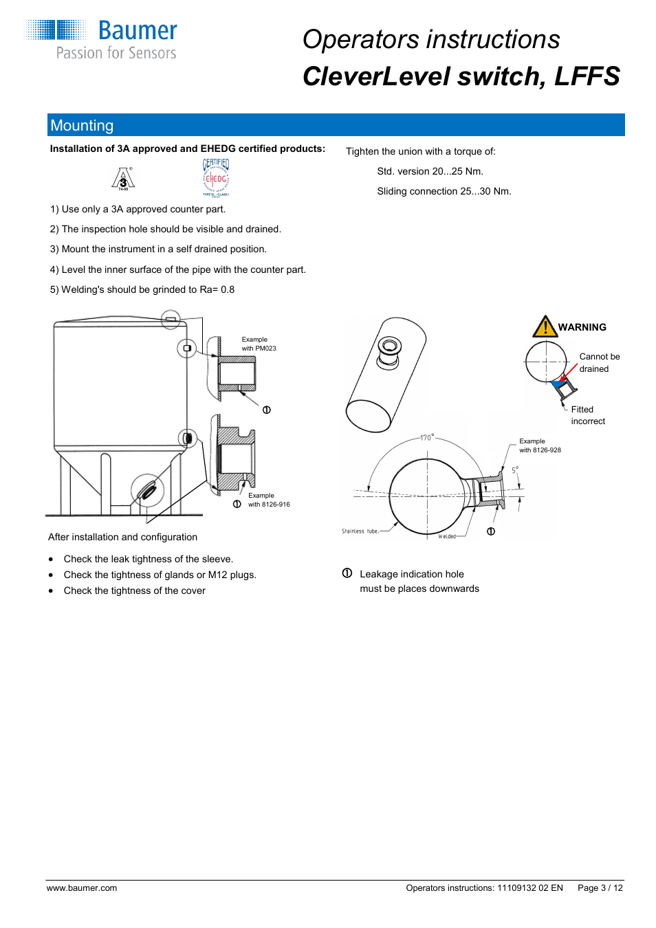 Operators instructions cleverlevel switch, lffs, Mounting | Baumer CleverLevel - LFFS User Manual | Page 3 / 12