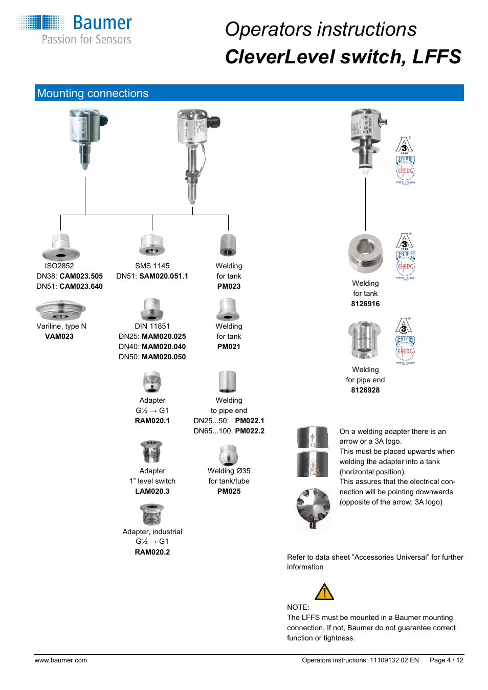 Operators instructions cleverlevel switch, lffs, Mounting connections | Baumer CleverLevel - LFFS User Manual | Page 4 / 12